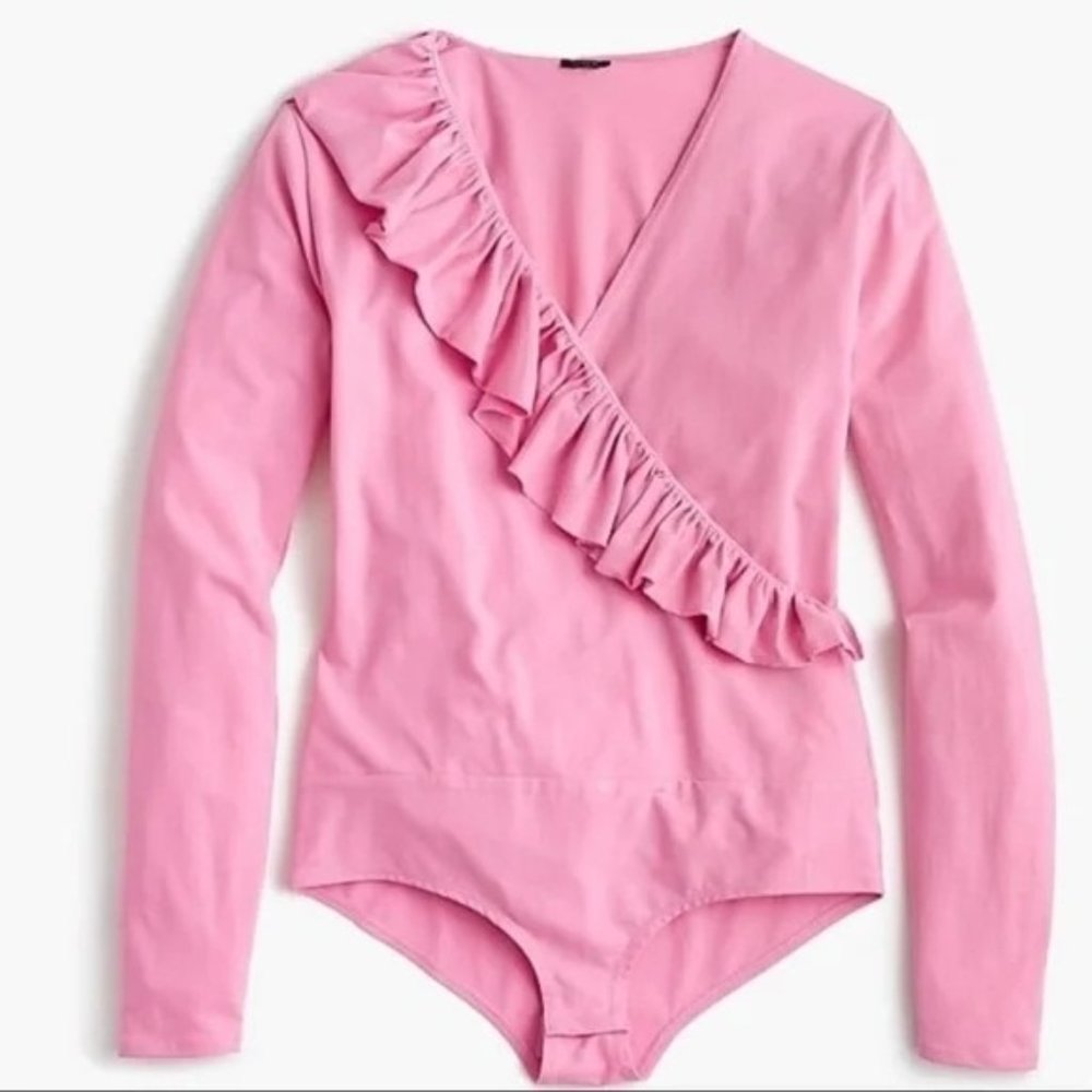 J.Crew Bodysuit Womens Medium Pink Ruffle Long Sleeve V Neck Barbiecore New